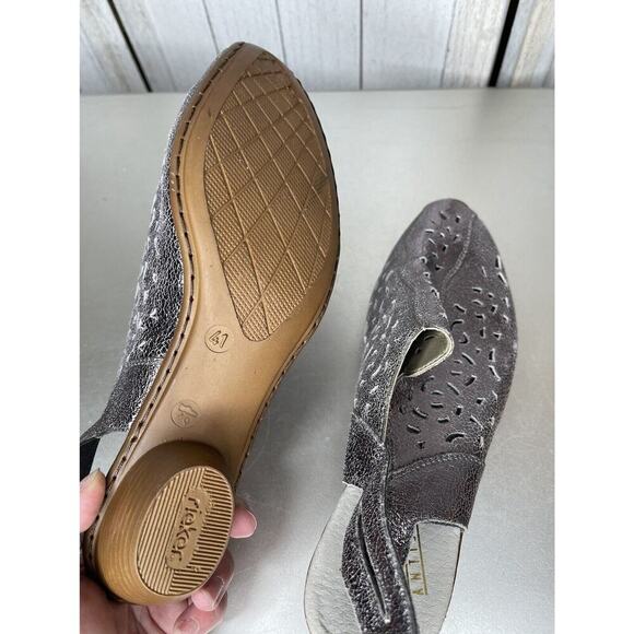 Rieker Leather Sandaly Comfort Heels Metallic Silver Size EU 41 US 10 - Picture 5 of 6